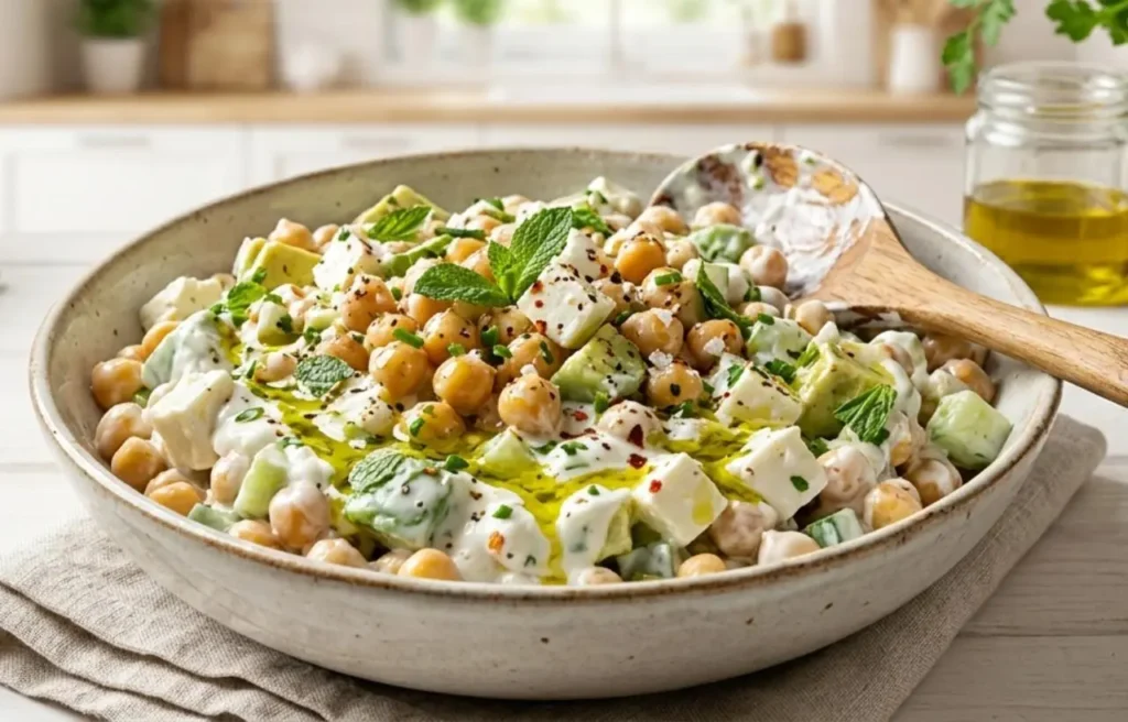 Un'ampia ciotola di insalata di ceci, avocado a cubetti e feta greca, avvolta da un dressing cremoso allo yogurt e rifinita con un filo d'olio extravergine d'oliva e menta fresca, ambientata in una cucina luminosa.