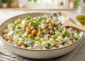Un'ampia ciotola di insalata di ceci, avocado a cubetti e feta greca, avvolta da un dressing cremoso allo yogurt e rifinita con un filo d'olio extravergine d'oliva e menta fresca, ambientata in una cucina luminosa.