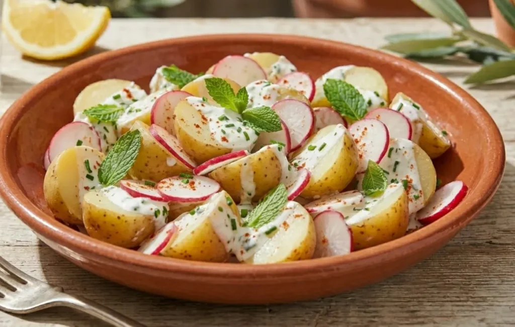 insalata-di-patate-novelle-ricetta-con-ravanelli-yogurt Insalata di patate novelle sode con la buccia, fettine croccanti di ravanelli e salsa densa allo yogurt in una ciotola di terracotta