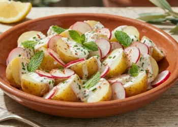 Insalata di patate novelle sode con la buccia, fettine croccanti di ravanelli e salsa densa allo yogurt in una ciotola di terracotta