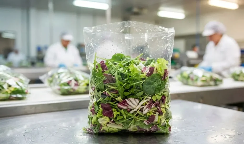 Busta di insalata mista fresca in primo piano su un banco di produzione industriale alimentare.