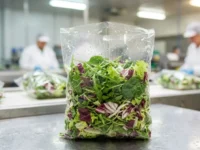 Busta di insalata mista fresca in primo piano su un banco di produzione industriale alimentare.