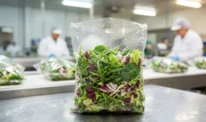 Busta di insalata mista fresca in primo piano su un banco di produzione industriale alimentare.