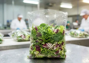 produzione-insalata-in-busta-sicurezza-alimentare Busta di insalata mista fresca in primo piano su un banco di produzione industriale alimentare.