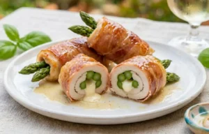 involtini-di-pollo-e-asparagi-in-padella-cremosi Involtini di pollo e asparagi avvolti nel prosciutto crudo, tagliati a metà con ripieno di formaggio cremoso su un piatto bianco.