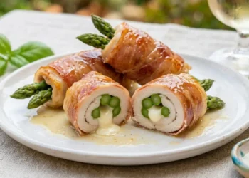 Involtini di pollo e asparagi avvolti nel prosciutto crudo, tagliati a metà con ripieno di formaggio cremoso su un piatto bianco.