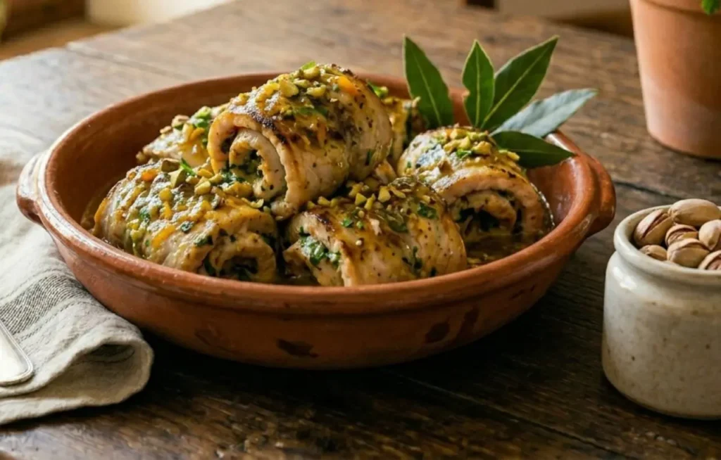 Involtini di pesce spada agli agrumi e pistacchi, interi e succosi, bagnati nel loro sugo di cottura lucido, serviti in una ciotola di terracotta rustica su un tavolo di legno scuro con luce naturale.