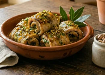 Involtini di pesce spada agli agrumi e pistacchi, interi e succosi, bagnati nel loro sugo di cottura lucido, serviti in una ciotola di terracotta rustica su un tavolo di legno scuro con luce naturale.