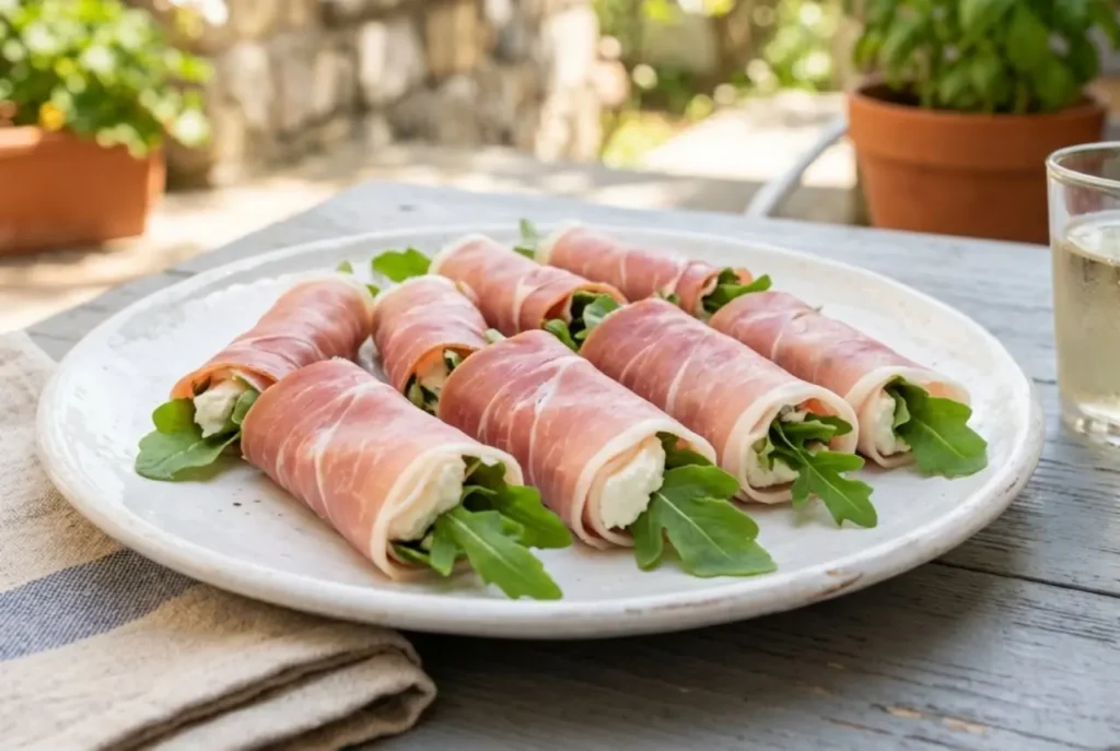 Piatto di involtini di prosciutto crudo ripieni di robiola e rucola fresca, guarniti con scorza di limone e pepe nero.