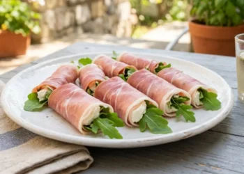 Piatto di involtini di prosciutto crudo ripieni di robiola e rucola fresca, guarniti con scorza di limone e pepe nero.