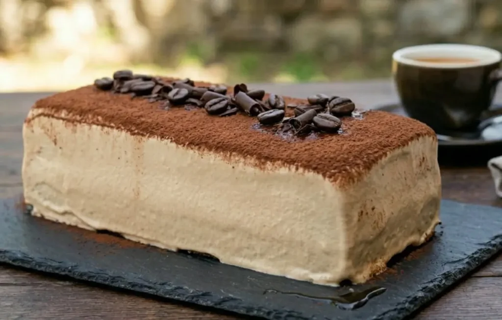 Fette di mattonella al caffè senza cottura a strati con biscotti secchi e crema, servite su un piatto di ardesia scura.