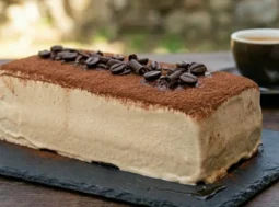 Fette di mattonella al caffè senza cottura a strati con biscotti secchi e crema, servite su un piatto di ardesia scura.
