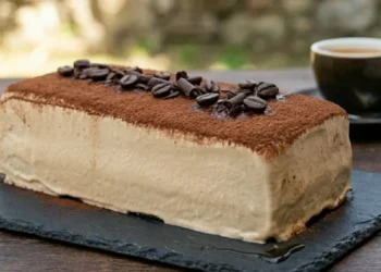 Fette di mattonella al caffè senza cottura a strati con biscotti secchi e crema, servite su un piatto di ardesia scura.