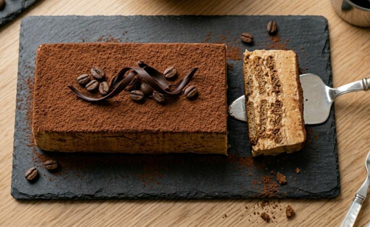 Dieci minuti prima di servirlo, estraete la mattonella dallo stampo tirando la pellicola, capovolgetela delicatamente su un piatto da portata rettangolare, eliminate la pellicola e completate con una spolverata abbondante di cacao amaro e qualche chicco di caffè. Tagliate a fette spesse e servite. Sentirete che golosità!