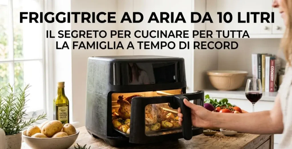 Friggitrice ad aria da 10 litri per famiglia Una grande friggitrice ad aria da 10 litri su un piano in legno in cucina, contenente un pollo intero arrosto con patate ben dorate.