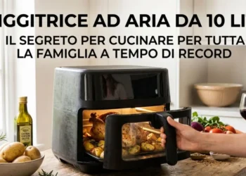Una grande friggitrice ad aria da 10 litri su un piano in legno in cucina, contenente un pollo intero arrosto con patate ben dorate.