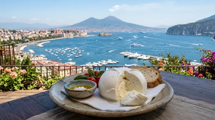 Mozzarella di Bufala Campana DOP servita su una terrazza panoramica con vista sul Golfo di Napoli e il Vesuvio.