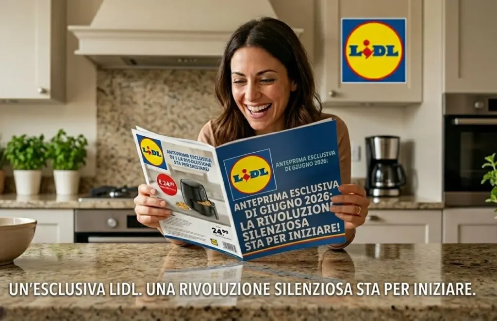 offerta-bomba-lidl-volantino-1-giugno Donna entusiasta che sfoglia il volantino Lidl del 1 giugno 2026 in cucina