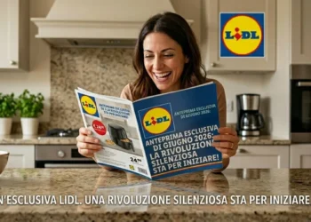 Donna entusiasta che sfoglia il volantino Lidl del 1 giugno 2026 in cucina