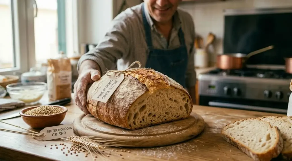 La rivoluzione del pane di grano gluten-free. Un artigiano fornaio mostra una pagnotta di vero pane di grano senza glutine appena sfornata, con etichette che indicano la biotecnologia CRISPR e la sicurezza per i celiaci.