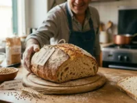 Un artigiano fornaio mostra una pagnotta di vero pane di grano senza glutine appena sfornata, con etichette che indicano la biotecnologia CRISPR e la sicurezza per i celiaci.