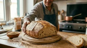Un artigiano fornaio mostra una pagnotta di vero pane di grano senza glutine appena sfornata, con etichette che indicano la biotecnologia CRISPR e la sicurezza per i celiaci.
