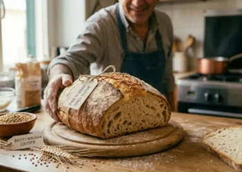 La rivoluzione del pane di grano gluten-free. Un artigiano fornaio mostra una pagnotta di vero pane di grano senza glutine appena sfornata, con etichette che indicano la biotecnologia CRISPR e la sicurezza per i celiaci.