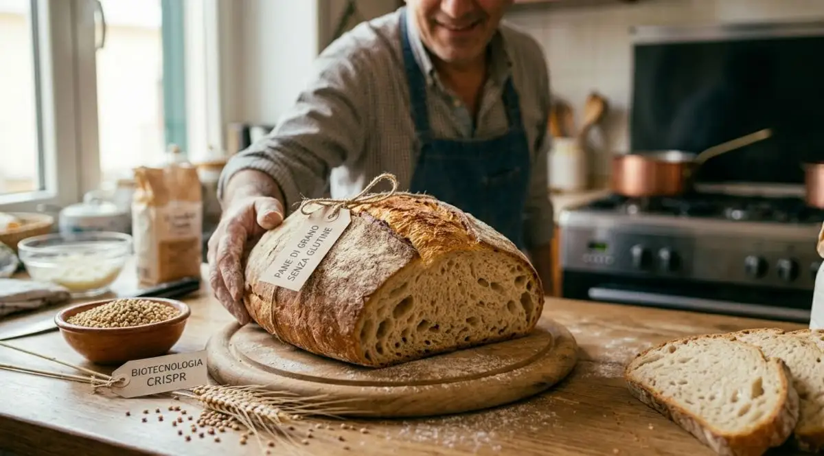 Un artigiano fornaio mostra una pagnotta di vero pane di grano senza glutine appena sfornata, con etichette che indicano la biotecnologia CRISPR e la sicurezza per i celiaci.