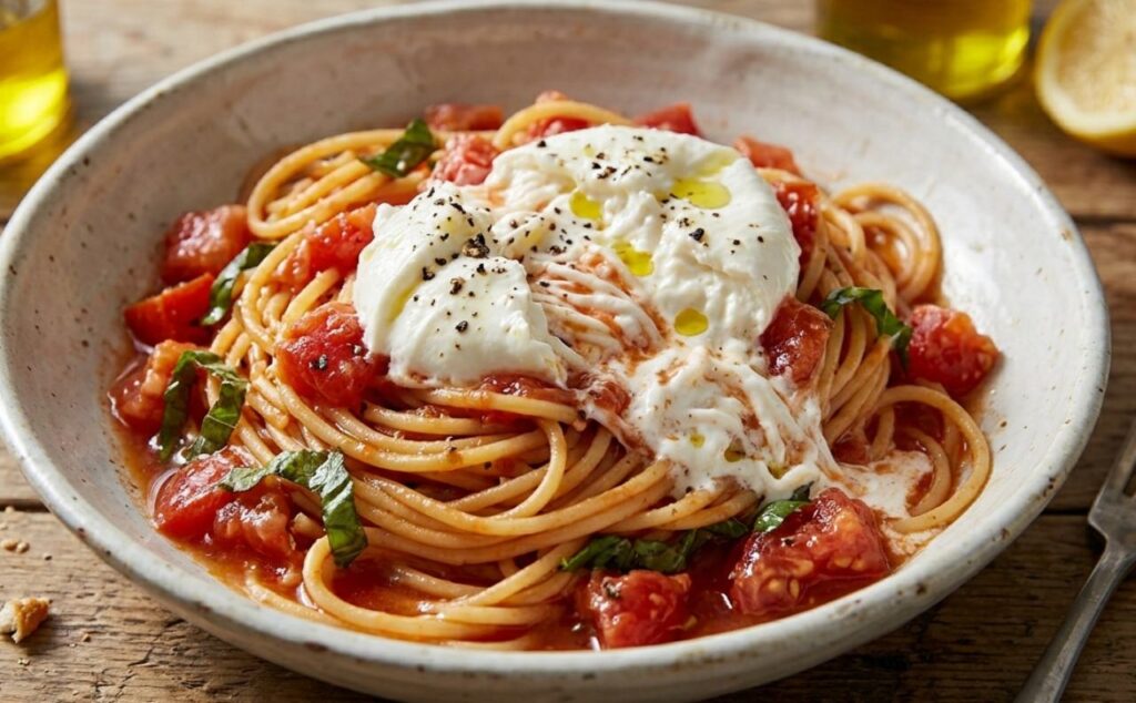 Spaghetti alla checca conditi con dadolata di pomodori freschi a crudo, basilico e filamenti di burrata cremosa in un piatto azzurro.