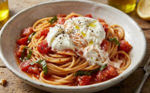 Spaghetti alla checca conditi con dadolata di pomodori freschi a crudo, basilico e filamenti di burrata cremosa in un piatto azzurro.