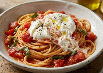 Spaghetti alla checca conditi con dadolata di pomodori freschi a crudo, basilico e filamenti di burrata cremosa in un piatto azzurro.