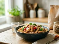Un piatto di pasta integrale al dente con pomodorini e basilico su un tavolo in legno, accanto a ingredienti sani come legumi e cereali.