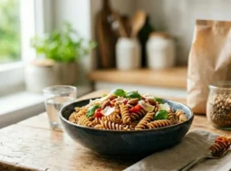 Pasta a basso indice glicemico per una dieta sana Un piatto di pasta integrale al dente con pomodorini e basilico su un tavolo in legno, accanto a ingredienti sani come legumi e cereali.