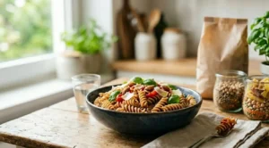 Un piatto di pasta integrale al dente con pomodorini e basilico su un tavolo in legno, accanto a ingredienti sani come legumi e cereali.