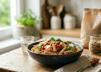 Un piatto di pasta integrale al dente con pomodorini e basilico su un tavolo in legno, accanto a ingredienti sani come legumi e cereali.