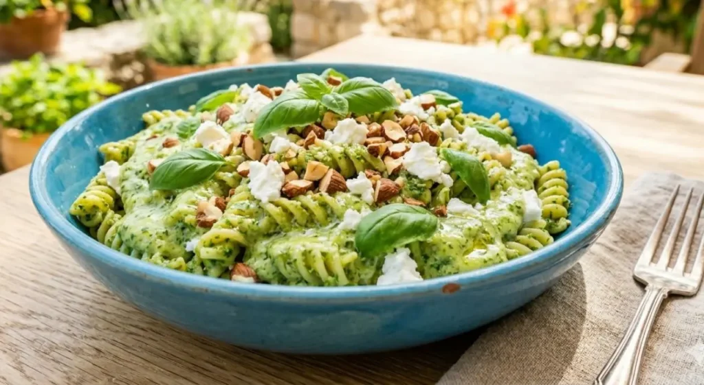 Insalatiera di pasta fredda estiva veloce condita con pesto di zucchine verde brillante, feta greca sbriciolata e mandorle su un tavolo di legno.