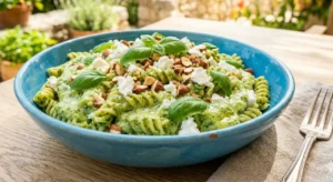 pasta-fredda-estiva-veloce-pesto-zucchine-feta Insalatiera di pasta fredda estiva veloce condita con pesto di zucchine verde brillante, feta greca sbriciolata e mandorle su un tavolo di legno.