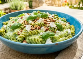 Insalatiera di pasta fredda estiva veloce condita con pesto di zucchine verde brillante, feta greca sbriciolata e mandorle su un tavolo di legno.