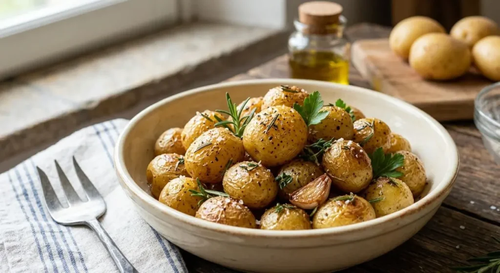 Un piatto rustico in ceramica ricolmo di patate novelle al forno cucinate intere con la buccia. Le patate appaiono dorate e croccanti, condite con spicchi d'aglio in camicia, foglioline di rosmarino fresco, prezzemolo e cristalli di sale marino grosso, su una tavola di legno.