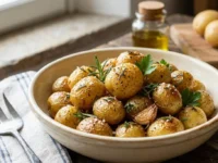Un piatto rustico in ceramica ricolmo di patate novelle al forno cucinate intere con la buccia. Le patate appaiono dorate e croccanti, condite con spicchi d'aglio in camicia, foglioline di rosmarino fresco, prezzemolo e cristalli di sale marino grosso, su una tavola di legno.