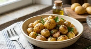 Un piatto rustico in ceramica ricolmo di patate novelle al forno cucinate intere con la buccia. Le patate appaiono dorate e croccanti, condite con spicchi d'aglio in camicia, foglioline di rosmarino fresco, prezzemolo e cristalli di sale marino grosso, su una tavola di legno.