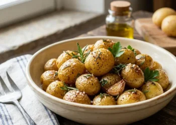 Un piatto rustico in ceramica ricolmo di patate novelle al forno cucinate intere con la buccia. Le patate appaiono dorate e croccanti, condite con spicchi d'aglio in camicia, foglioline di rosmarino fresco, prezzemolo e cristalli di sale marino grosso, su una tavola di legno.
