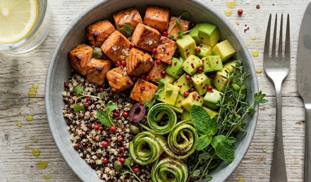 Bowl di quinoa disposta con cubetti di salmone, avocado a fette e nastri di zucchine alla menta su un tavolo di marmo bianco.