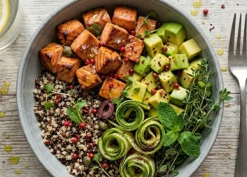 Bowl di quinoa disposta con cubetti di salmone, avocado a fette e nastri di zucchine alla menta su un tavolo di marmo bianco.