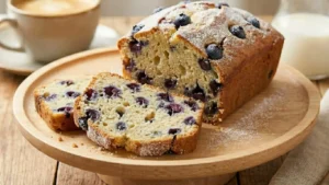 plumcake-allo-yogurt-e-mirtilli-soffice Fette di plumcake allo yogurt e mirtilli freschi senza burro disposte su un tagliere di legno con mirtilli sparsi intorno.