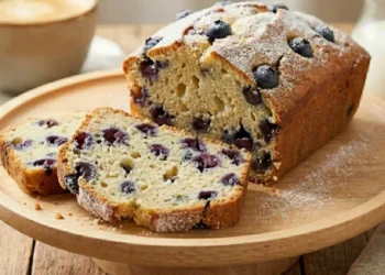 Fette di plumcake allo yogurt e mirtilli freschi senza burro disposte su un tagliere di legno con mirtilli sparsi intorno.