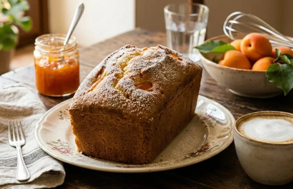 Plumcake allo yogurt intero e soffice, dorato e spolverizzato di zucchero a velo, su tavolo di legno rustico con albicocche fresche, confettura e colazione completa.