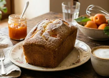Plumcake allo yogurt intero e soffice, dorato e spolverizzato di zucchero a velo, su tavolo di legno rustico con albicocche fresche, confettura e colazione completa.