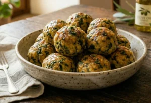 polpette-tacchino-spinaci-succose Polpette di tacchino e spinaci fatte in casa, intere e succose, servite in una ciotola di ceramica rustica su un tavolo di legno scuro con luce naturale.