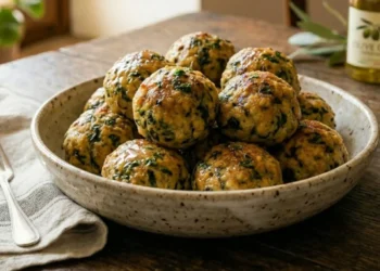 Polpette di tacchino e spinaci fatte in casa, intere e succose, servite in una ciotola di ceramica rustica su un tavolo di legno scuro con luce naturale.